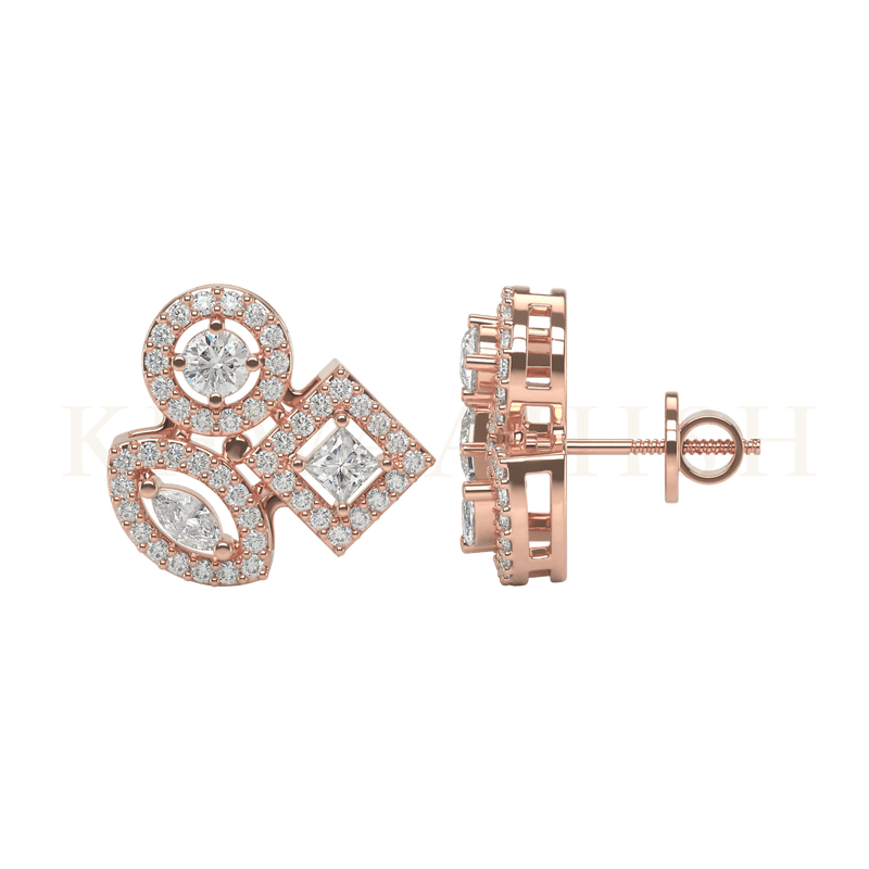 Front view and side view of Cosset Dazzles Diamond Stud Earrings in rose gold.