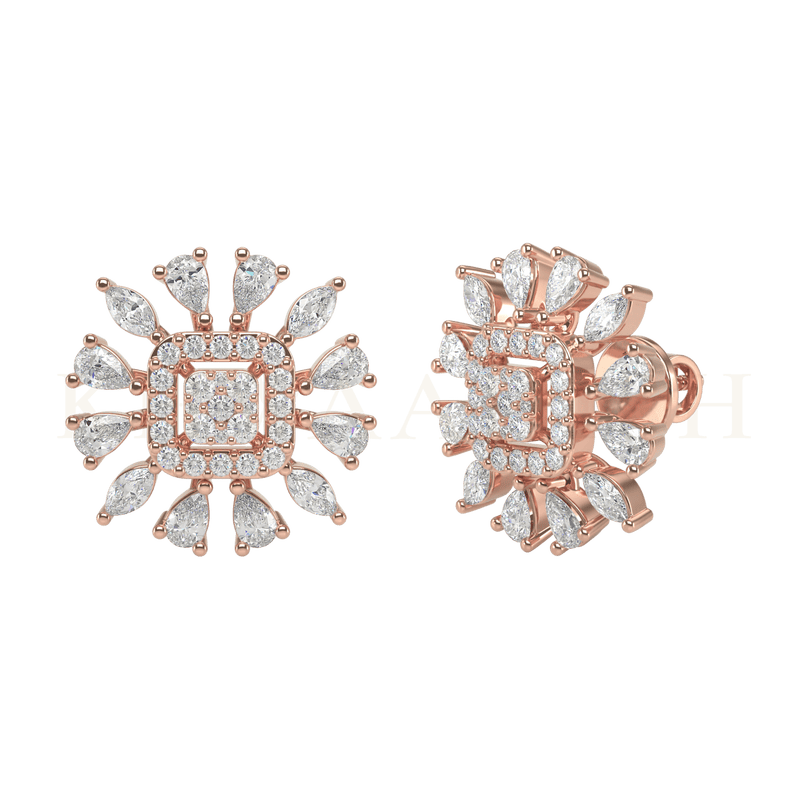 Front view and slanting view of Beautiful Buttercup Diamond Stud Earrings in rose gold.