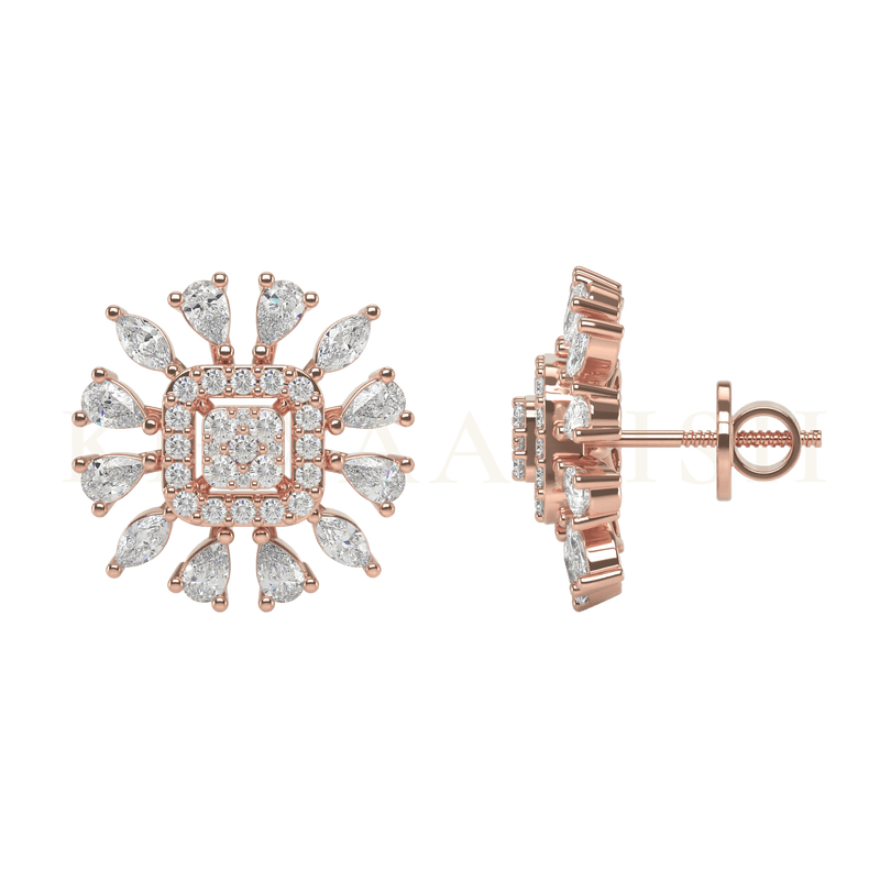 Front view and side view of Beautiful Buttercup Diamond Stud Earrings in rose gold.
