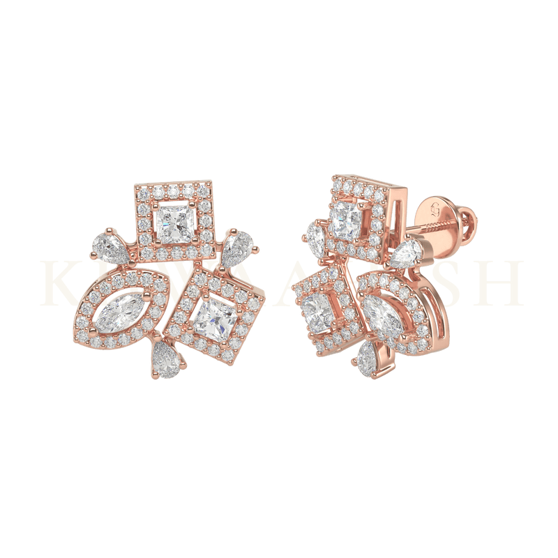 Front view and slanting view of Divine Delight Diamond Stud Earrings in rose gold.