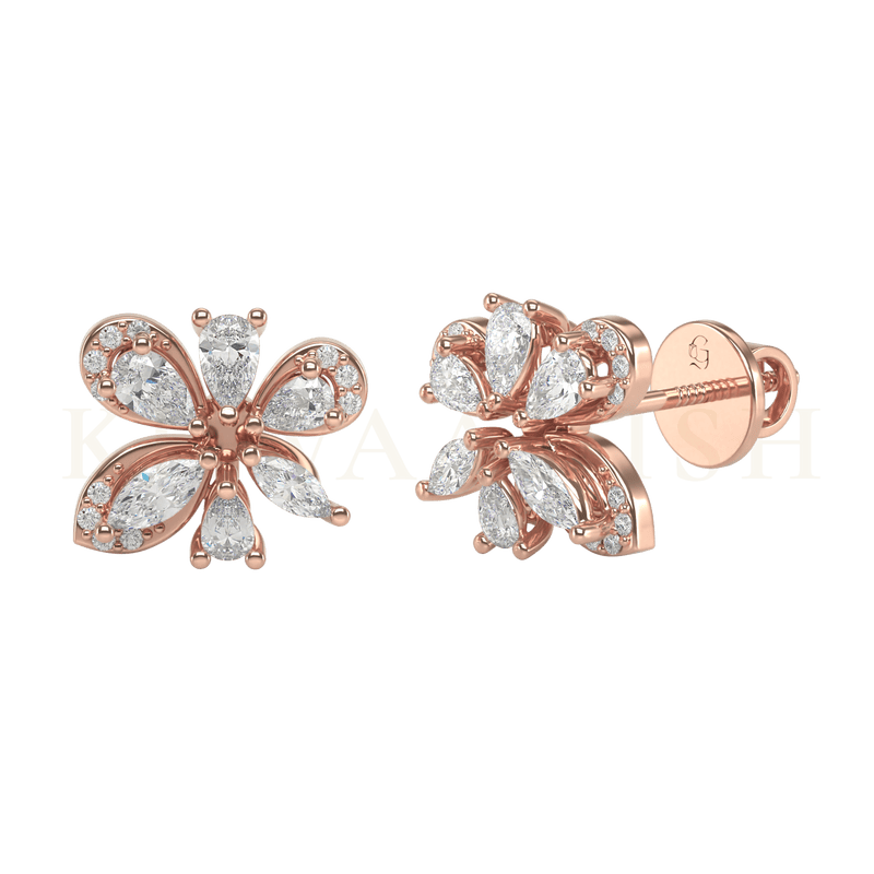 Front view and slanting view of Splendorous Sparkle Diamond Stud Earrings in rose gold.