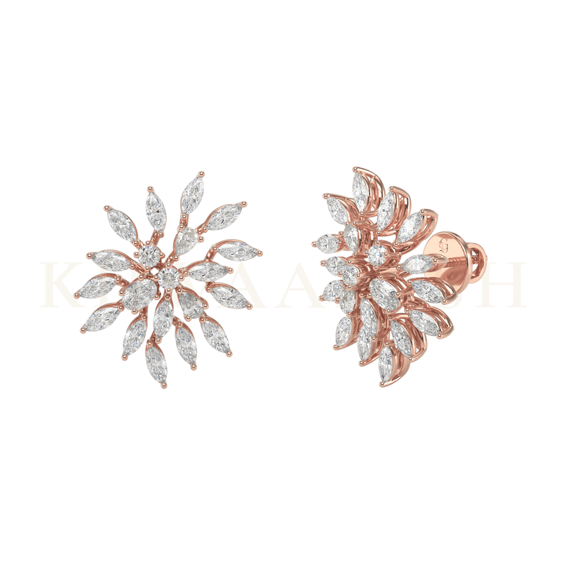 Front view and slanting view of Twinkling Allure Diamond Stud Earrings in rose gold.
