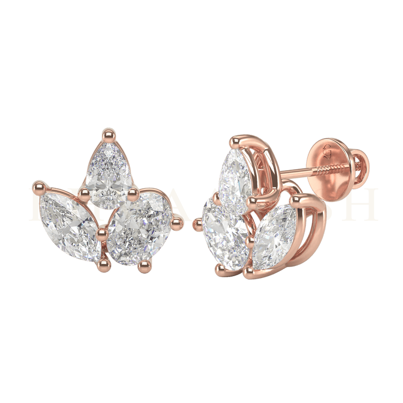 Front view and slanting view of Bountiful Beauty Diamond Stud Earrings in rose gold.