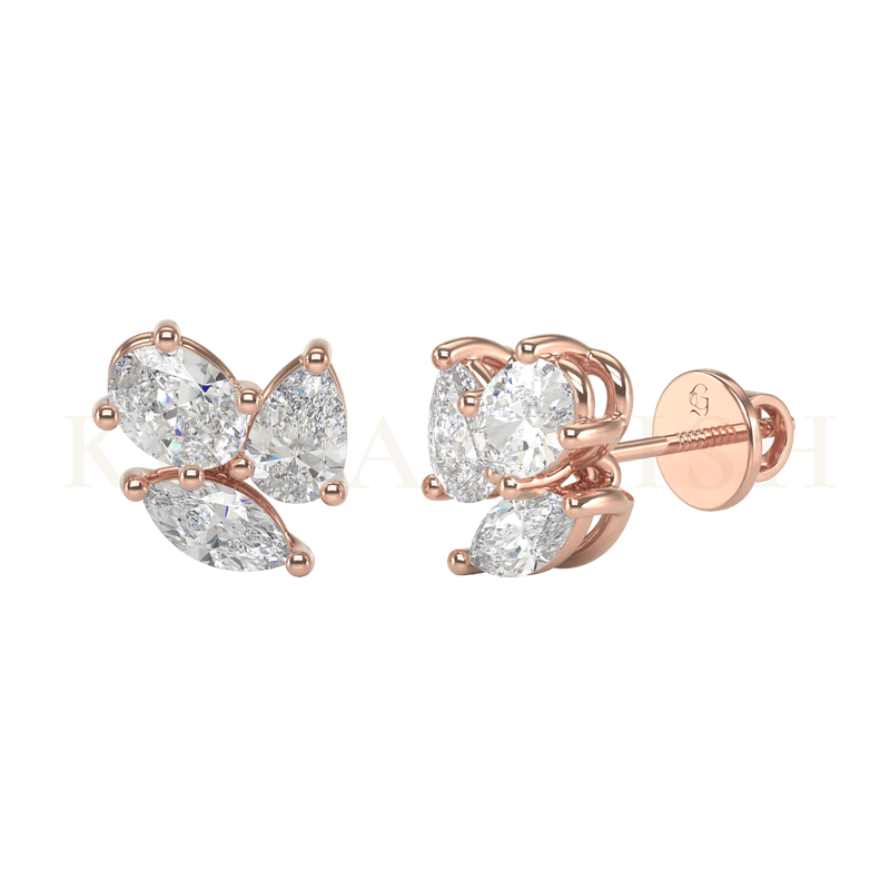 Front view and slanting view of Angelic Charm Diamond Stud Earrings in rose gold.