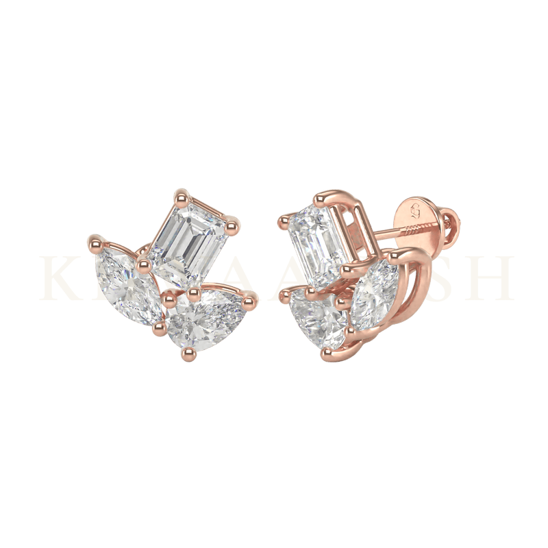 Front view and slanting view of Delightful Enrapture Diamond Stud Earrings in rose gold.