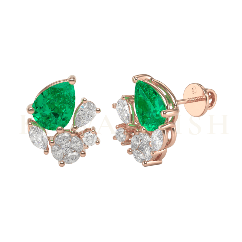 Front view and slanting view of Whirling Wonder Diamond Stud Earrings in rose gold.