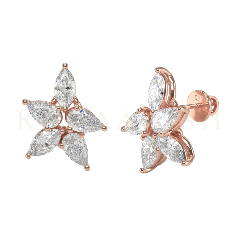 Front view and slanting view of Radiant Posy Diamond Stud Earrings in rose gold.
