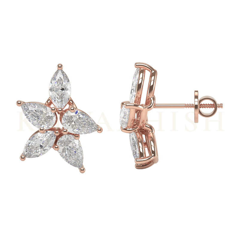 Front view and side view of Radiant Posy Diamond Stud Earrings in rose gold.