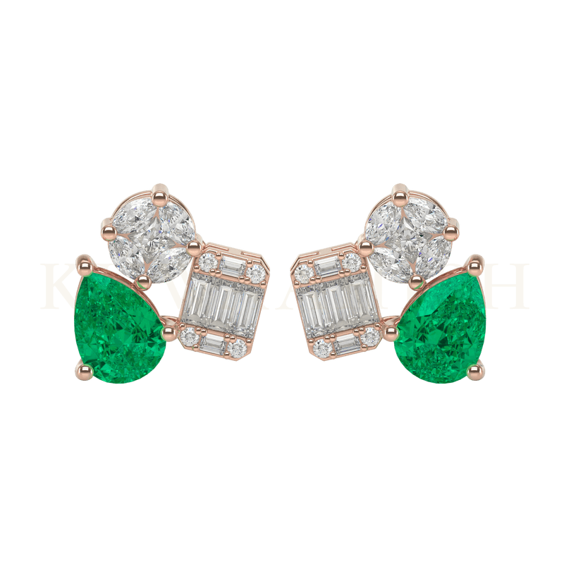 Front view of Glowing Green Diamond Stud Earrings in rose gold.