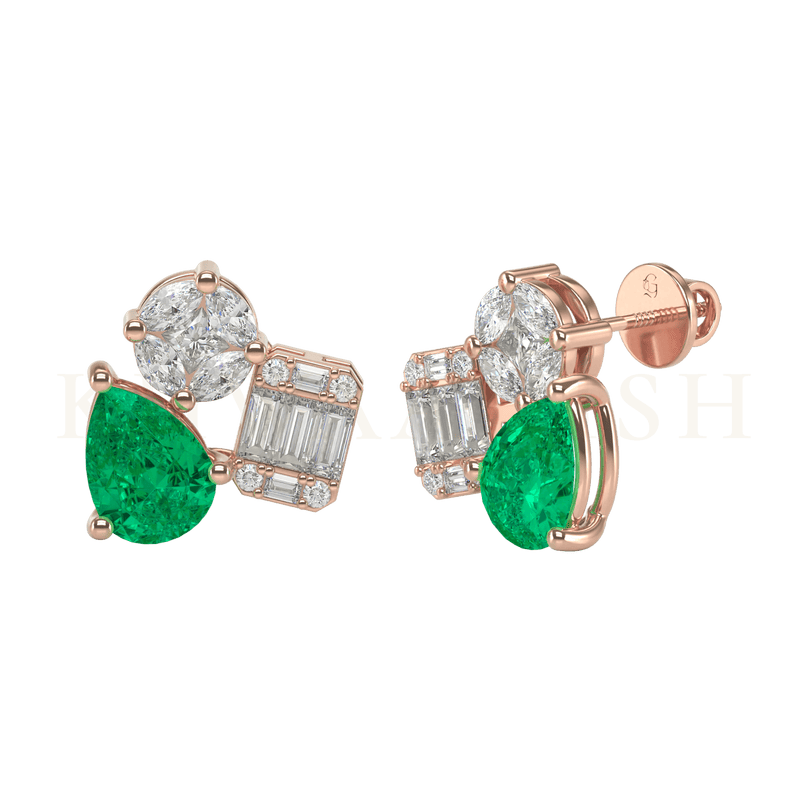 Front view and slanting view of Glowing Green Diamond Stud Earrings in rose gold.