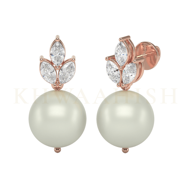 Front view and slanting view of Pretty Belle Diamond Drop Earrings in rose gold.