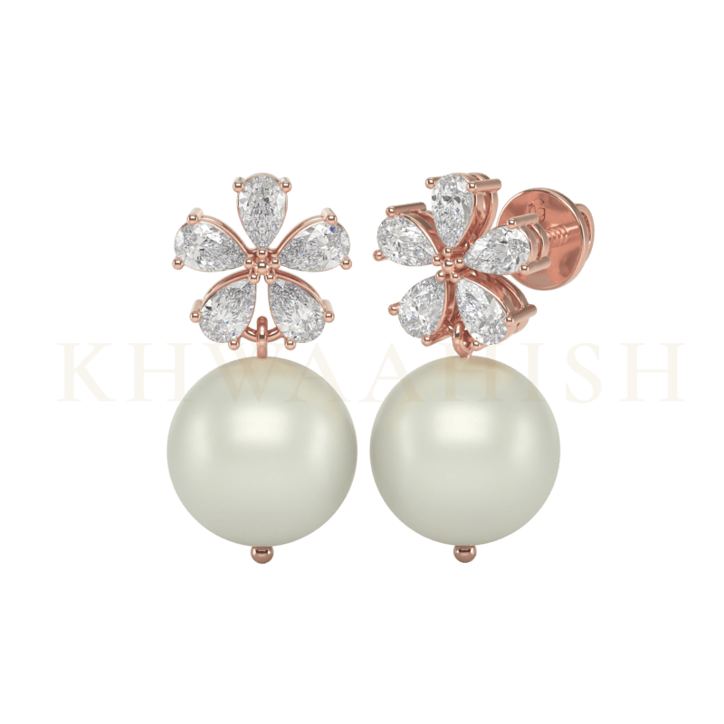 Front view and slanting view of Demure Daisy Nectar Diamond Drop Earrings in rose gold.