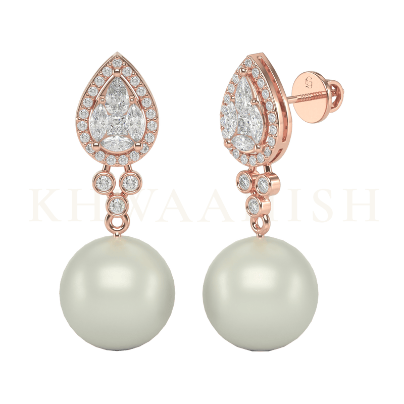 Front view and slanting view of Glorious Enchantment Diamond Drop Earrings in rose gold.