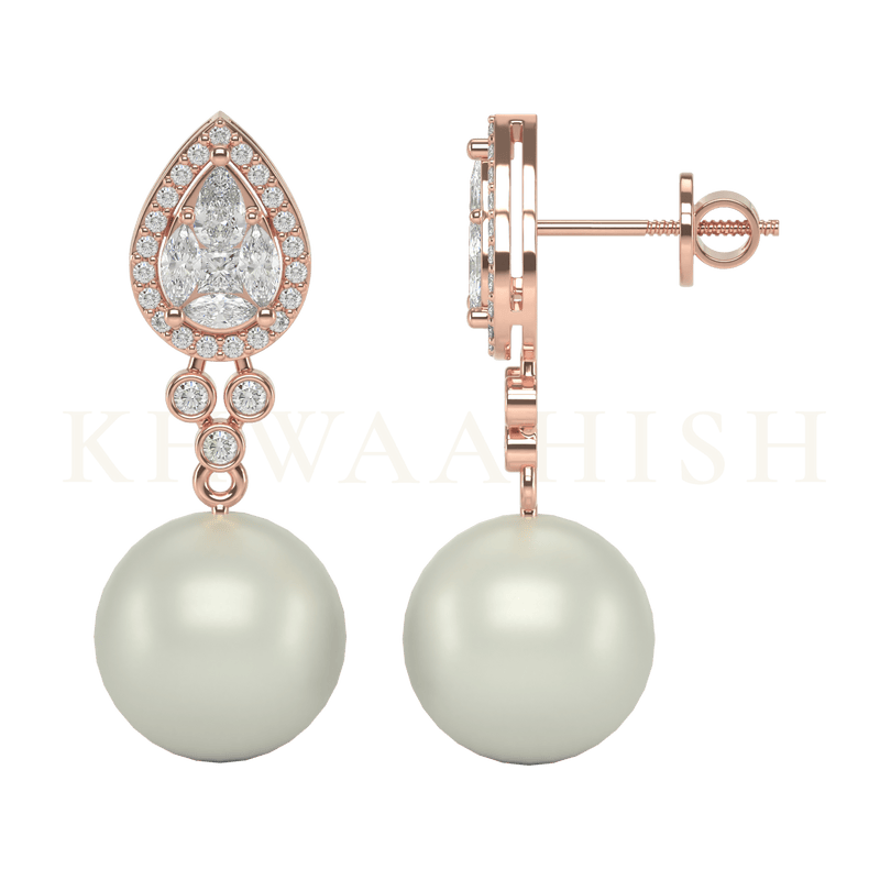 Front view and side view of Glorious Enchantment Diamond Drop Earrings in rose gold.