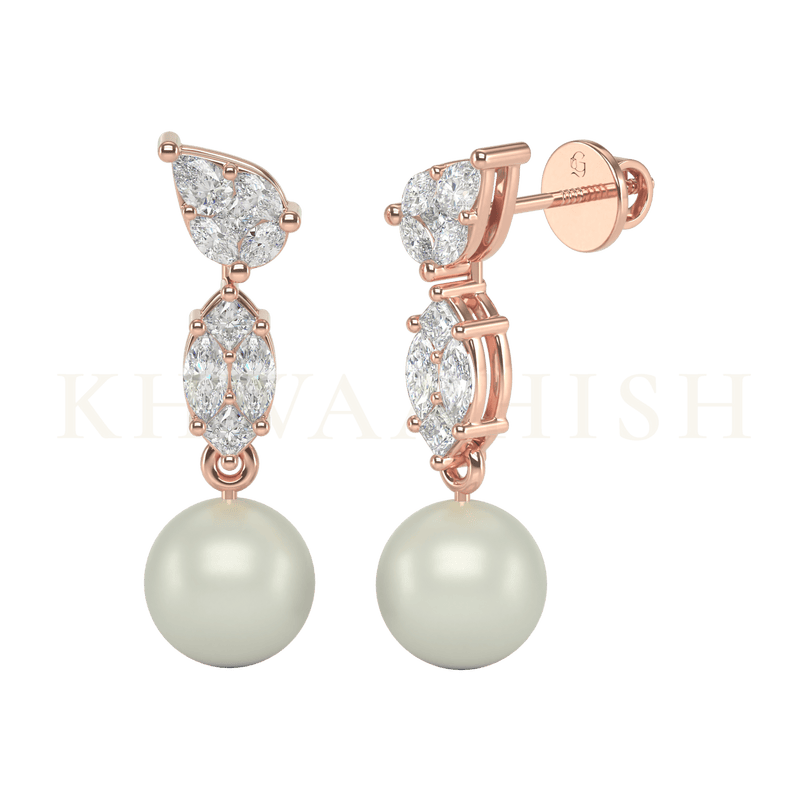 Front view and slanting view of Infinite Desires Diamond Drop Earrings in rose gold.