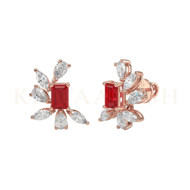 Front view and slanting view of Blooming Buds Diamond Drop Earrings in rose gold.