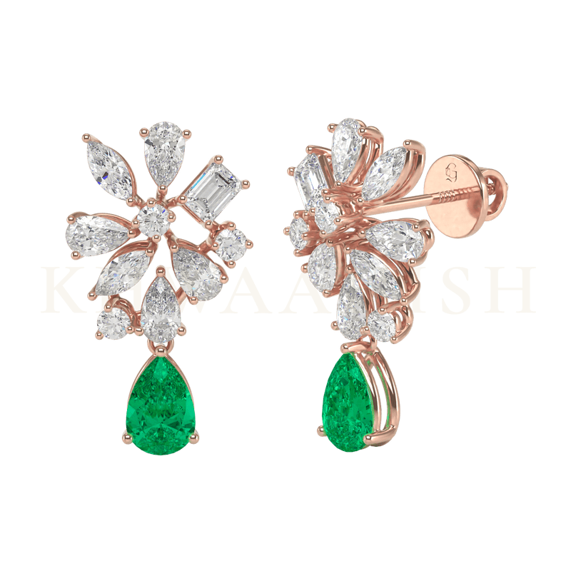 Front view and slanting view of Blossoms of Bliss Diamond Drop Earrings in rose gold.