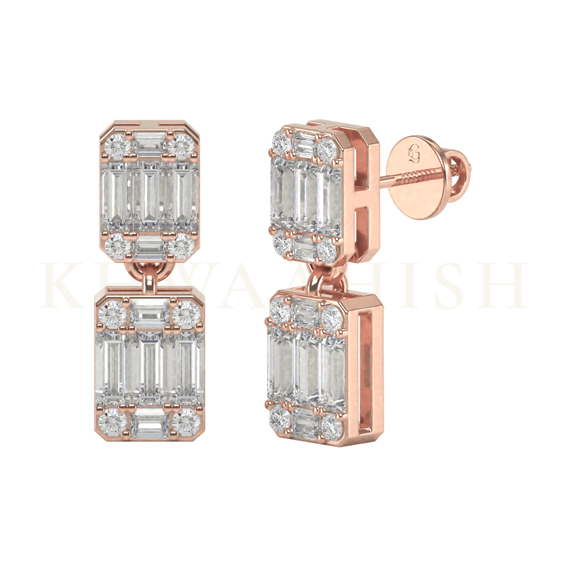 Front view and slanting view of Octogonal Opulence Diamond Drop Earrings in rose gold.