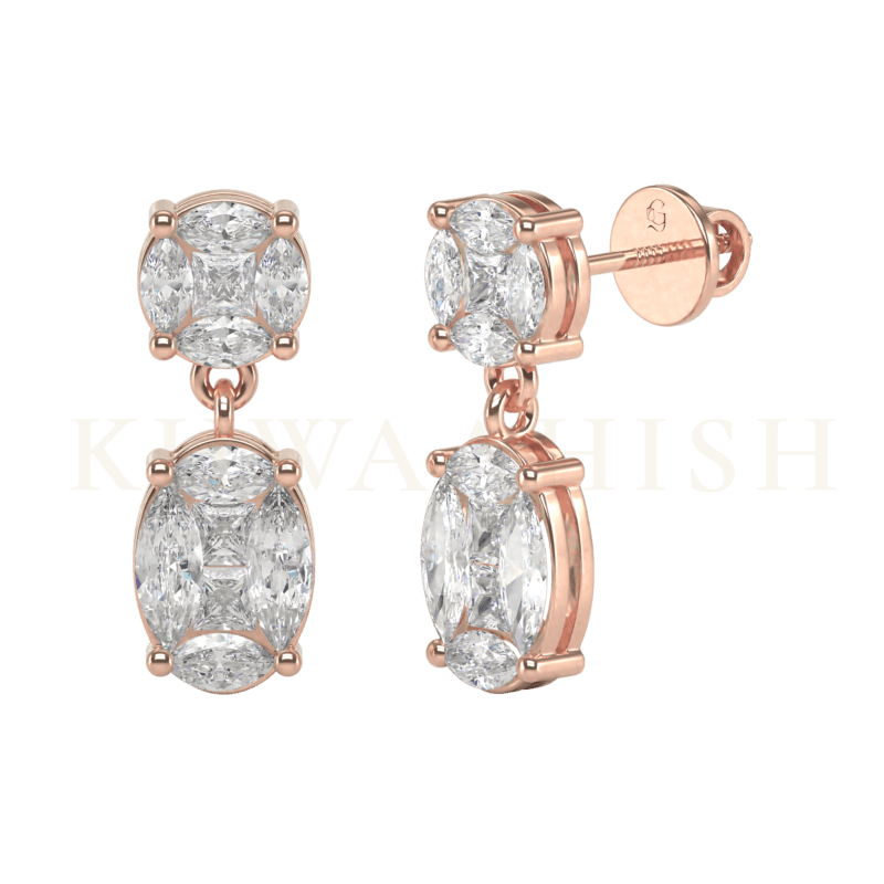 Front view and slanting view of Oval Opulence Diamond Drop Earrings in rose gold.