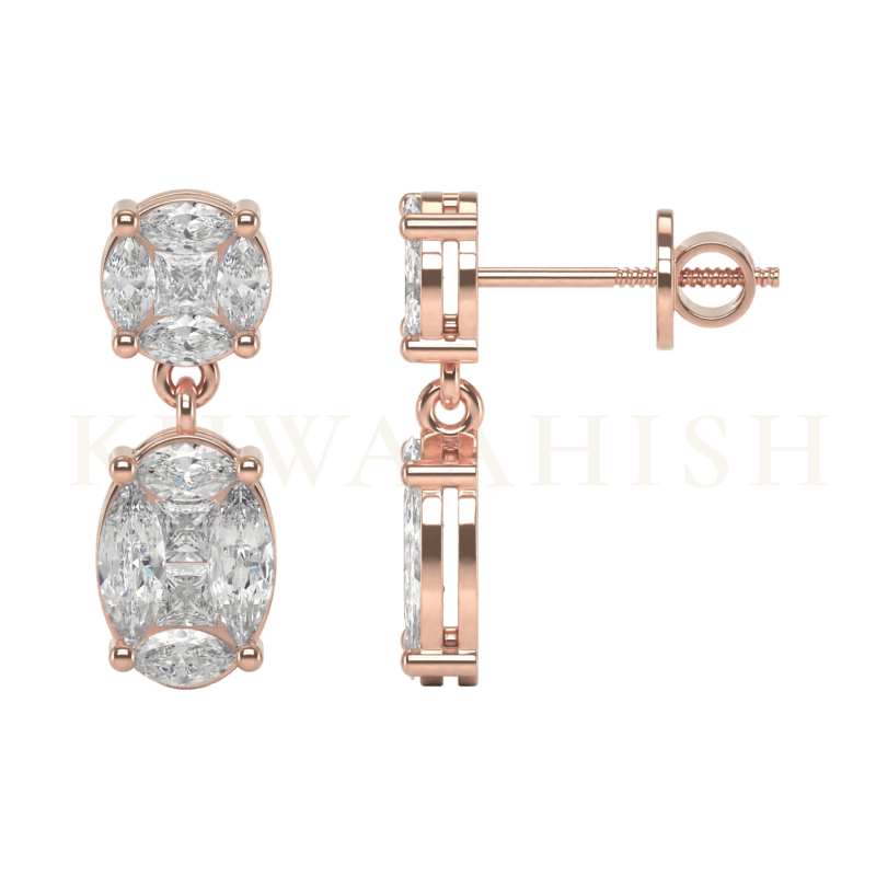 Front view and side view of Oval Opulence Diamond Drop Earrings in rose gold.