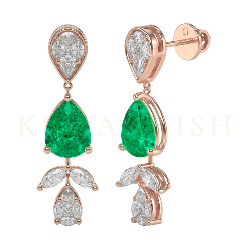 Front view and slanting view of Pear Pleasure Diamond Drop Earrings in rose gold.