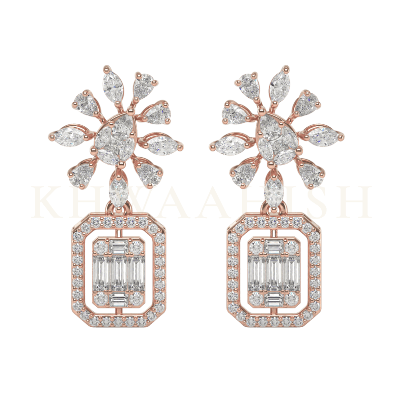 Front view of Sparkling Staburst Diamond Drop Earrings in rose gold.