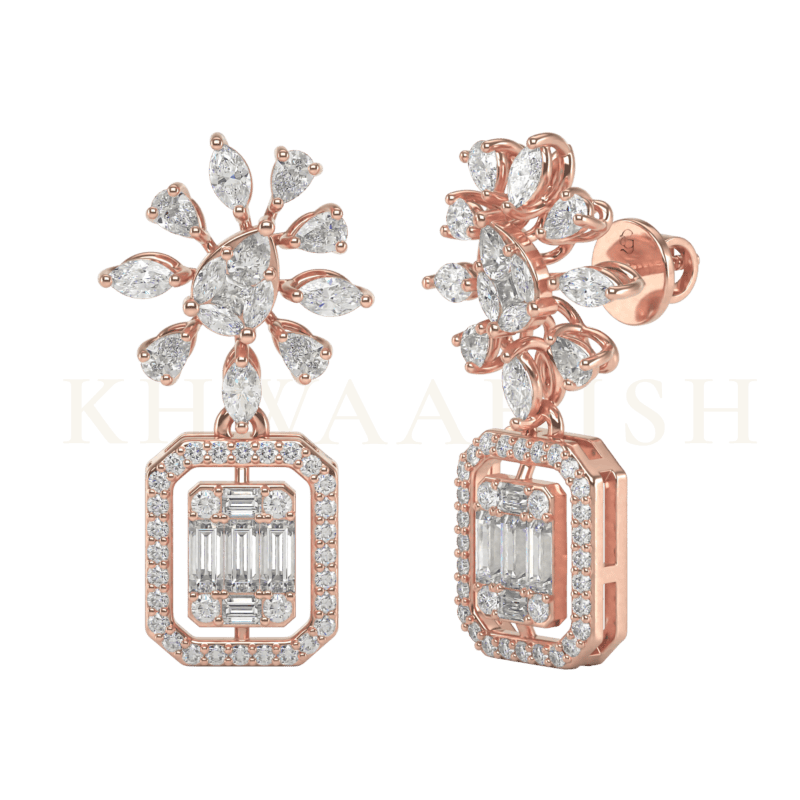 Front view and slanting view of Sparkling Staburst Diamond Drop Earrings in rose gold.