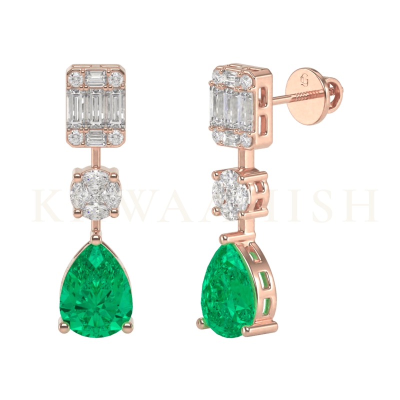 Front view and slanting view of Charming Iridiscence Diamond Drop Earrings in rose gold.