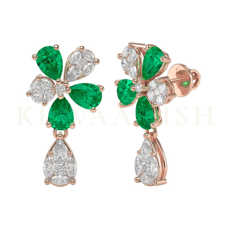 Front view and slanting view of Plush Pleasure Diamond Drop Earrings in rose gold.