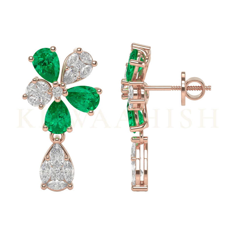 Front view and side view of Plush Pleasure Diamond Drop Earrings in rose gold.