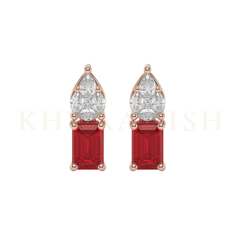Front view of Ravishing Red Diamond Drop Earrings in rose gold.