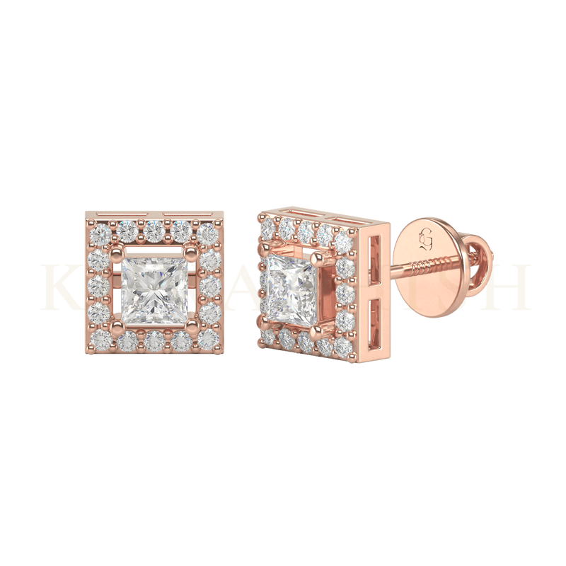 Front view and slanting view of 0.25 ct Square Solitaire Stud Earrings in rose gold.