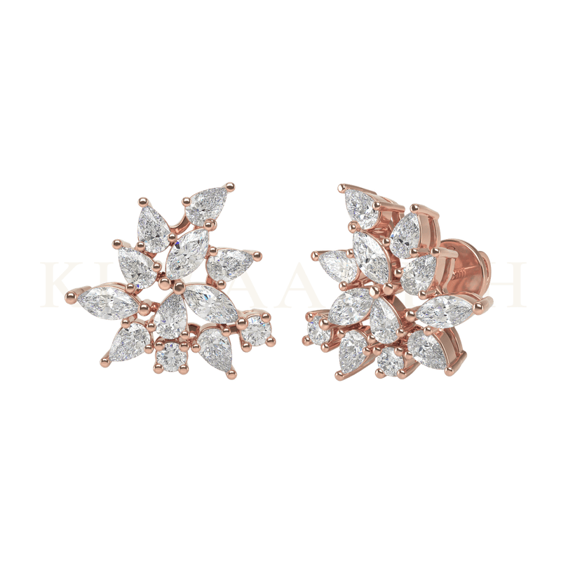 Front view and slanting view of Fond Fascinations Diamond Earrings in rose gold.