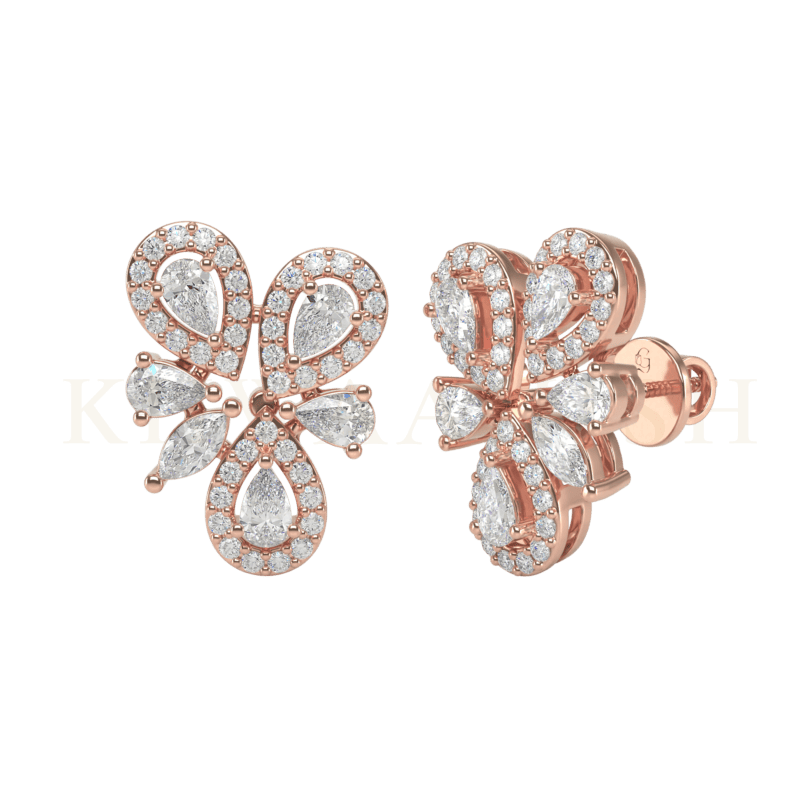 Front view and slanting view of Parnassian Ecstasy Diamond Earrings in rose gold.