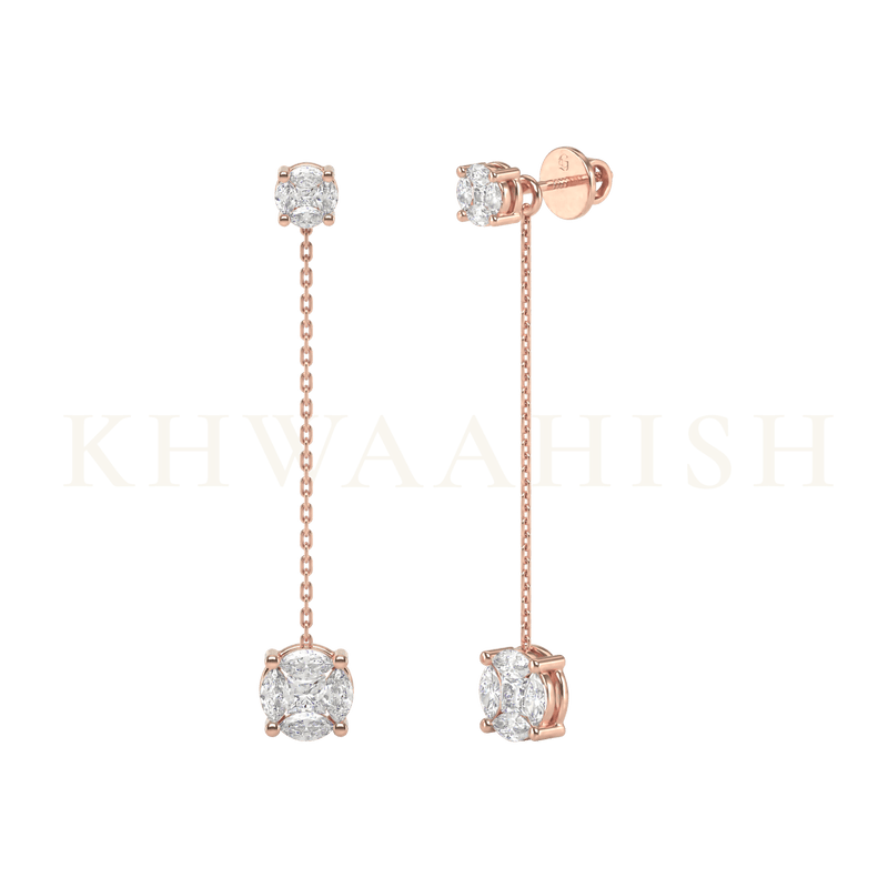 Front view and slanting view of Charming Bella Diamond Chain Earrings in rose gold.