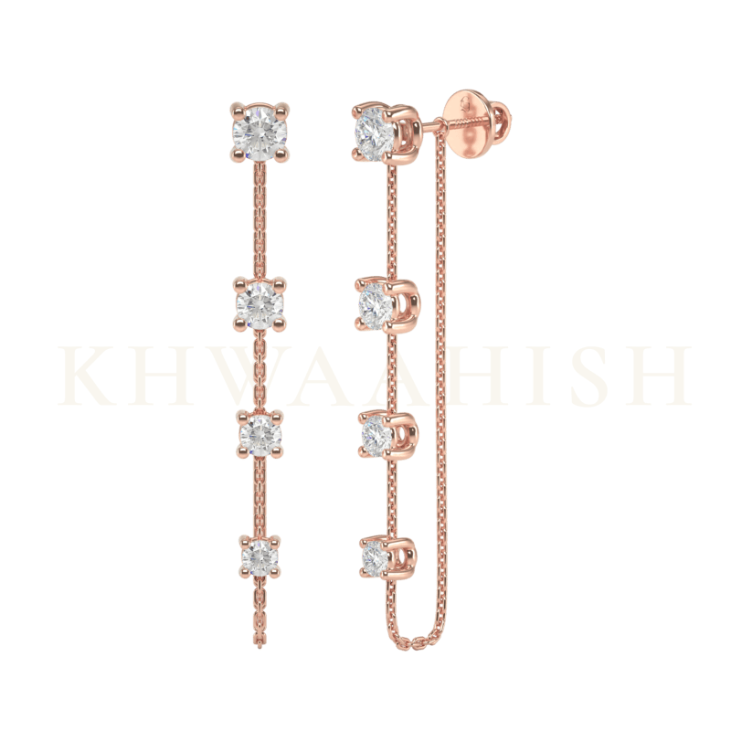 Front view and slanting view of Shimmery Cascade Diamond Chain Earrings in rose gold.