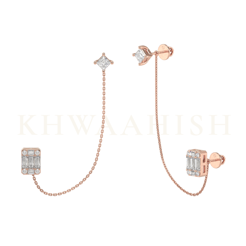 Front view and slanting view of Octogonal Surprise Diamond Chain Earrings in rose gold.