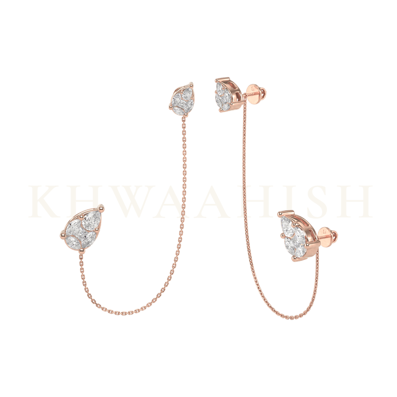 Front view and slanting view of Sweet Surrender Diamond Chain Earrings in rose gold.