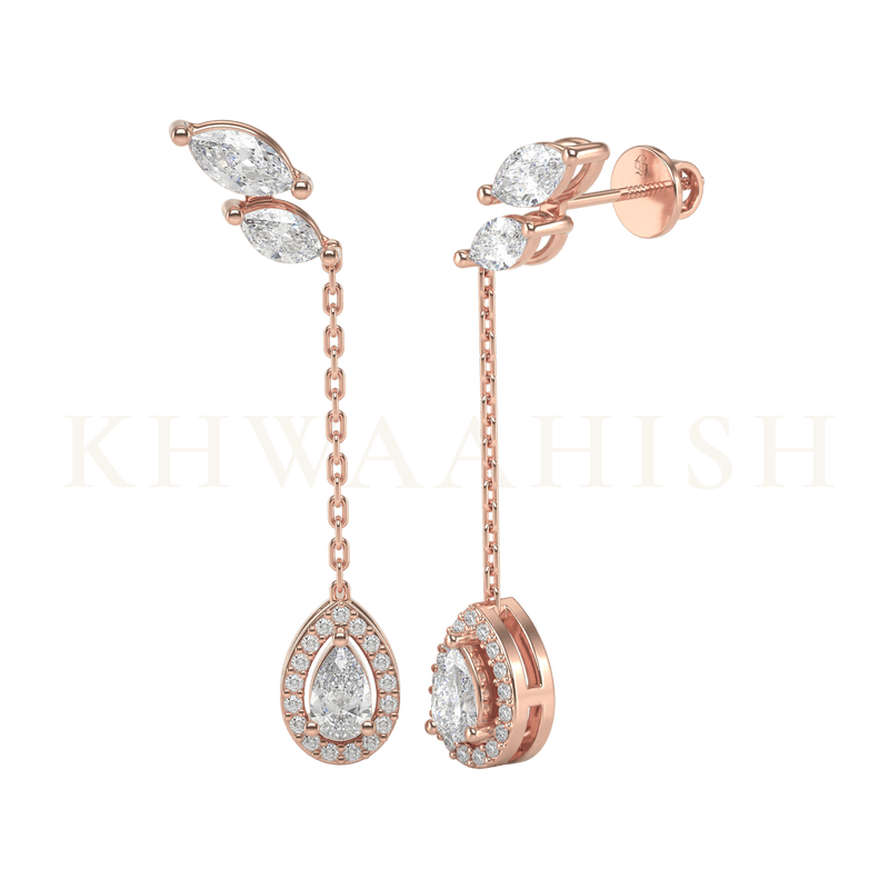 Front view and slanting view of Linked Dream Diamond Chain Earrings in rose gold.