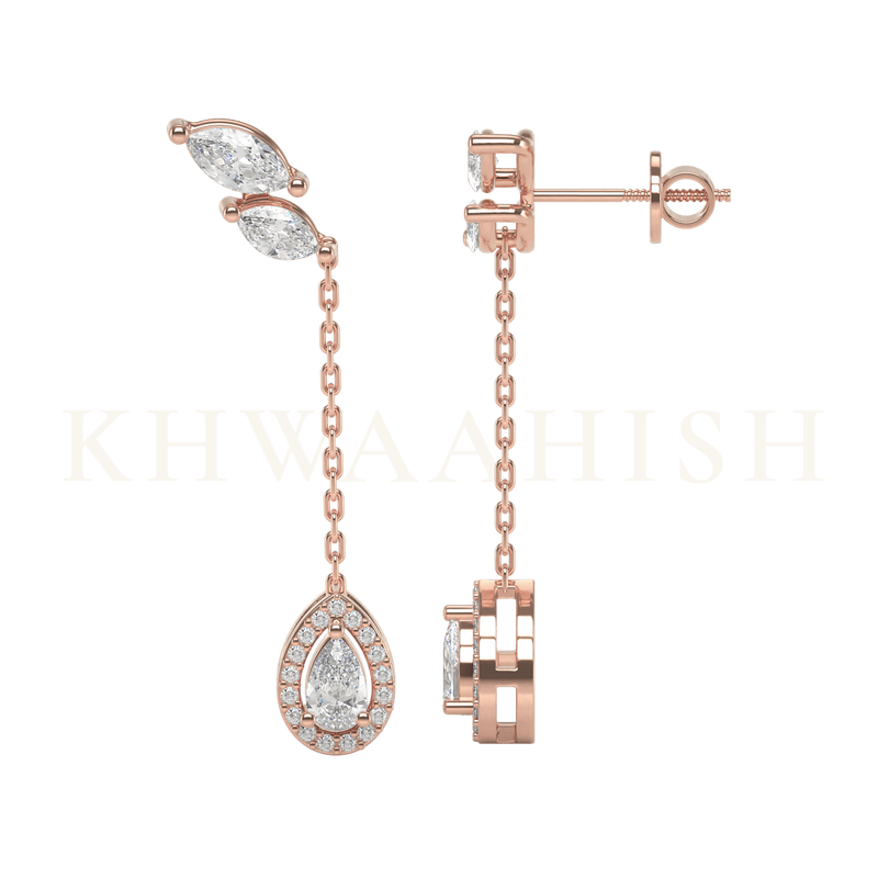 Front view and side view of Linked Dream Diamond Chain Earrings in rose gold.