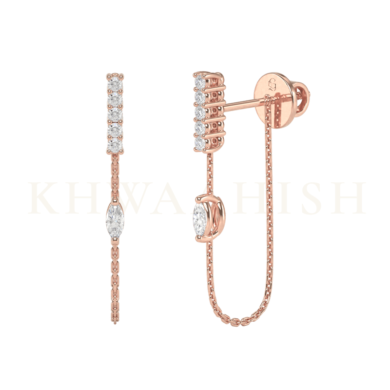 Front view and slanting view of Celebration Diamond Chain Earrings in rose gold.