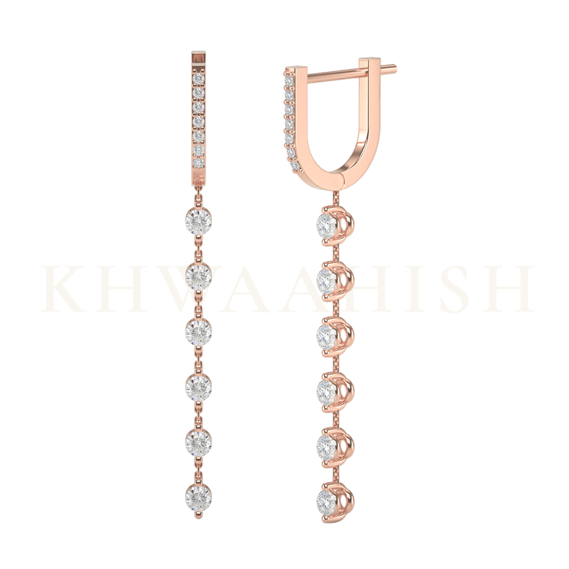 Front view and slanting view of Chained Melody Diamond Chain Earrings in rose gold.