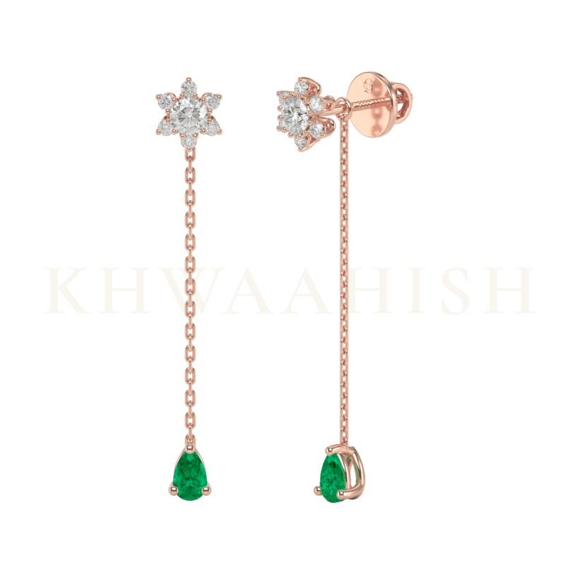 Front view and slanting view of Budding Blooms Diamond Sui Dhaga Earrings in rose gold.