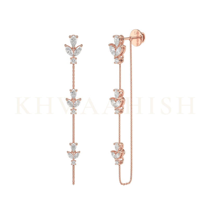 Front view and slanting view of Starry Dreams Diamond Chain Earrings in rose gold.