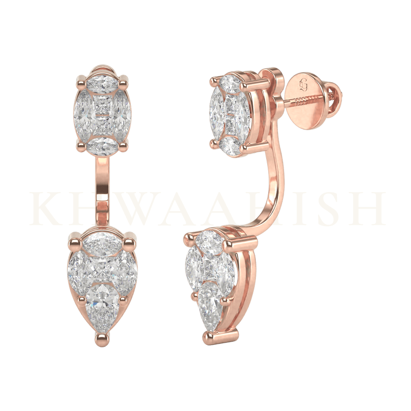 Front view and slanting view of Clasping Charisma Diamond Front Back Earrings in rose gold.