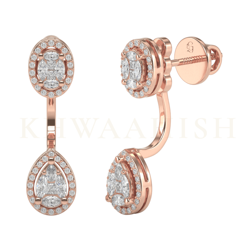 Front view and slanting view of Simple Diva Diamond Front Back Earrings in rose gold.