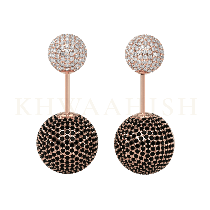 Front view and slanting view of Orbita Front Back Diamond Earrings in rose gold.