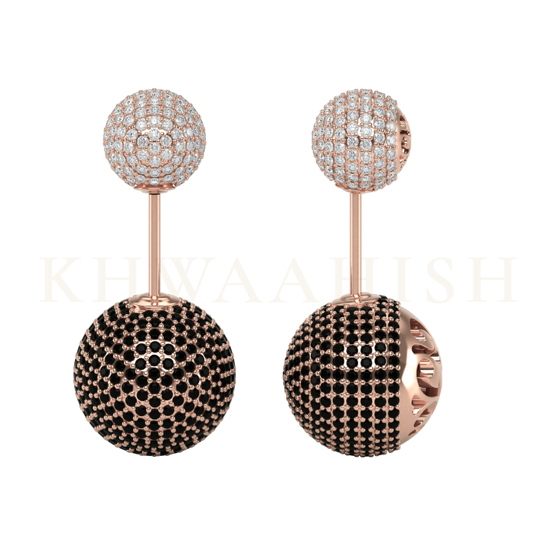 Front view and side view of Orbita Front Back Diamond Earrings in rose gold.