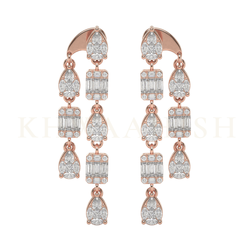 Front view of Royal Grace Diamond Dangler Earrings in rose gold.