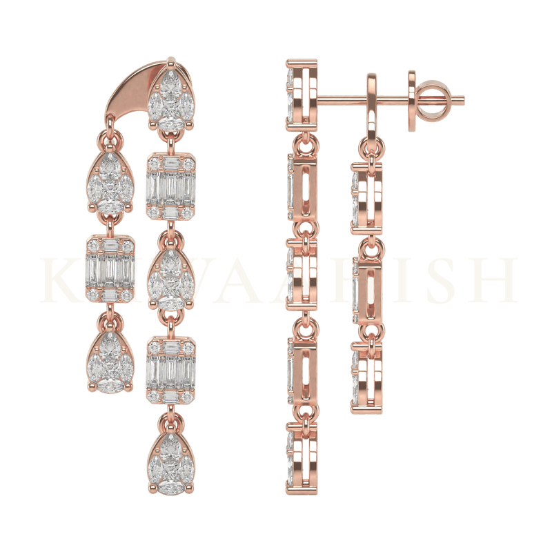Front view and side view of Royal Grace Diamond Dangler Earrings in rose gold.